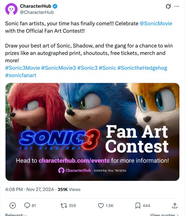 CharacterHub’s public announcement of its official Sonic the Hedgehog 3 fan-art contest